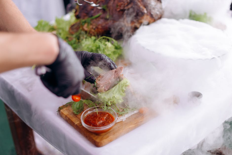 Chef preparing a gourmet meal with smoke effect and decorative ingredients on cutting board